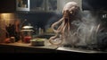 Creepy Kraken Ghost: Ultra Realistic Octopus Cooking In Misty Kitchen Royalty Free Stock Photo