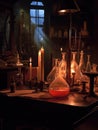 A creepy laboratory with strange contions bubbling and steaming is illuminated by a single flickering candle. Gothic art