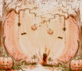 A creepy landscape of the autumn forest in brown and ochre colors, with a cat, pumpkins, trees, a spider. Watercolor Royalty Free Stock Photo