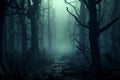 Creepy landscape Dark forest shrouded in haunted mist, 3D rendering