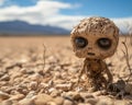 a creepy little doll sitting in the middle of a desert