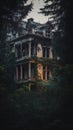 A creepy looking abandoned house in the middle of a forest. AI generative image.