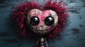 A creepy looking doll with a heart shaped head and red hair, AI