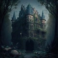 a creepy looking house in the woods with a creepy look on it\'s face and windows