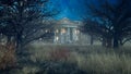 3D rendering of a creepy old mansion house in a field with long grass and bare trees