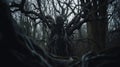 a creepy looking tree in the middle of a forest with no leaves on it\'s branches and a creepy looking