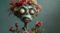 A creepy looking zombie with flowers in its hair and a clock on it's head, AI