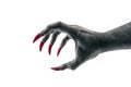 Creepy monster hand with red claws isolated on white background
