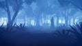 Creepy night forest with grim reaper silhouette