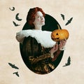 Creepy portrait. Medieval queen in vintage dress with pale face holding pumpkin. Contemporary art collage