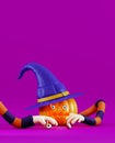 Creepy pumpkin for Halloween with human eyes and hands. Poster for a Halloween party, 3d render. Elastic cartoon hands