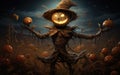 Creepy pumpkin headed scarecrow character in the middle of a pumpkin field