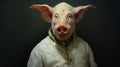 Creepy And Realistic Portrait Of A Pig In A White Jacket