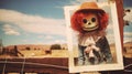 Creepy red hair scarecrow with horribly ugly face in abandoned ghost town - generative AI Royalty Free Stock Photo