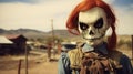 Creepy red hair scarecrow with horribly ugly face in abandoned ghost town - generative AI