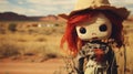 Creepy red hair scarecrow with horribly ugly face in abandoned ghost town - generative AI Royalty Free Stock Photo