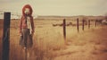 Creepy red hair scarecrow with horribly ugly face in abandoned ghost town - generative AI Royalty Free Stock Photo