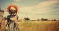 Creepy red hair scarecrow with horribly ugly face in abandoned ghost town - generative AI Royalty Free Stock Photo