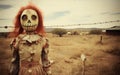 Creepy red hair scarecrow with horribly ugly face in abandoned ghost town - generative AI Royalty Free Stock Photo