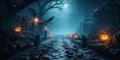 Creepy road in forest, scary pumpkins in dark wood on Halloween night Royalty Free Stock Photo