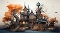 Creepy scary big house mansion castle on a white background, illustration