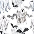 Creepy and scary Halloween themed seamless pattern with watercolor hand painted ghost and bats