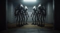 Exoskeleton Robots Huddle In Dark Concrete Room