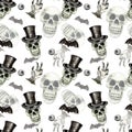 Watercolor Halloween seamless pattern with hand painted skul in black top hat, zombie hand, bats. Creepy holiday print on white Royalty Free Stock Photo