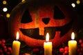 Creepy smiling pumpkin in the candlelight for halloween.