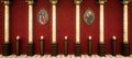 Creepy vampire castle interior wall with red wallpaper and marble columns. 3D illustration