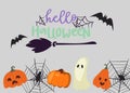 Creepy halloween vector poster with cute spook, pumpkin and spider webs, broom, black bats and text hello Halloween