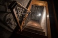 Creepy wooden stairs going down in an abandoned house Royalty Free Stock Photo