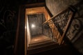 Creepy wooden stairs going down in an abandoned house Royalty Free Stock Photo