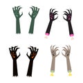 Creepy zombie corpse hands vector set.