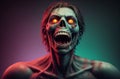 Creepy zombie. Portrait of ugly screaming monster on bright background. Generative AI. Royalty Free Stock Photo