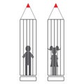 Boy and girl in a pencil prison, inappropriate education concept Royalty Free Stock Photo