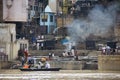 A cremation ceremony on the banks of the river Ganges Royalty Free Stock Photo