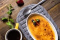 Creme Brulee Dessert with Caramelised Sugar, Strawberry, Blueberry and Fresh Mint Leaves Royalty Free Stock Photo