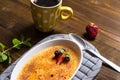 Creme Brulee Dessert with Caramelised Sugar, Strawberry, Blueberry and Fresh Mint Leaves Royalty Free Stock Photo