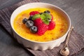 Creme brulee Dessert wih fruits and mint leaves Royalty Free Stock Photo