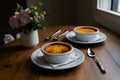 Creme brulee showcased beautifully on the kitchen table