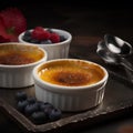 Creme brulee, traditional french vanilla cream dessert with fresh berries.