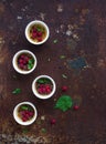 Creme brulees with raspberries and mint in white Royalty Free Stock Photo