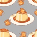 Creme caramel dessert seamless pattern in vector