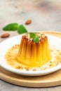 Creme Caramel Dessert. Traditional italian Panna cotta. Food recipe background. Close up