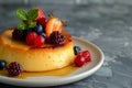 Creme flan with fresh berries. Cream pudding with caramel sauce. Generative AI Royalty Free Stock Photo