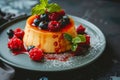 Creme flan with fresh berries. Cream pudding with caramel sauce. Generative AI Royalty Free Stock Photo