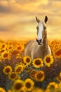 Cremello horse portrait in sunflowers