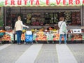 Cremona, Lombardy, Italy - 16 th may 2020 - People grocery shopping socially distance d in local biologic open air food market