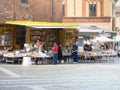 Cremona, Lombardy, Italy - 16 th may 2020 - People grocery shopping socially distance d in local biologic open air food market